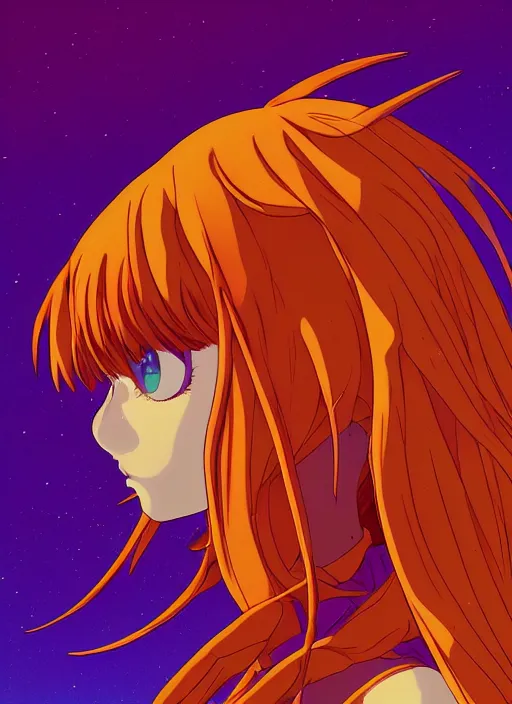 Image similar to a beautiful ultra detailed line art illustration of asuka langley souryuu, centered, by dan mumford and moebius and beeple, trending on artstation, pastel color, dim dusk lighting, cinematic lighting, detailed lighting, volumetric lighting, realistic, f 8, 4 k hd wallpaper, poster, yellow and purple color scheme