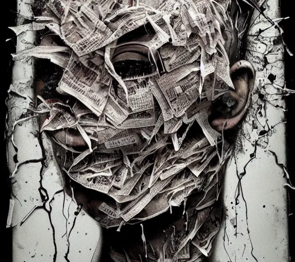 Image similar to face shredded like newspapers peeling scream, dark, surreal, highly detailed horror