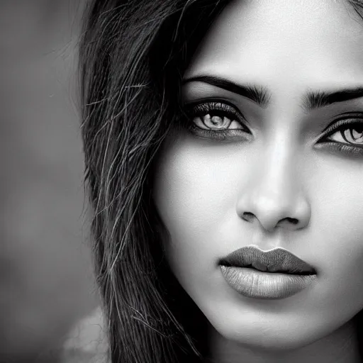 Image similar to waist up portrait photography of indian beauty who have the nose of angelina jolie, lips of megan fox and the eyes of rihanna, award winning photography by leonardo espina, black and white, old style photography, photo pose