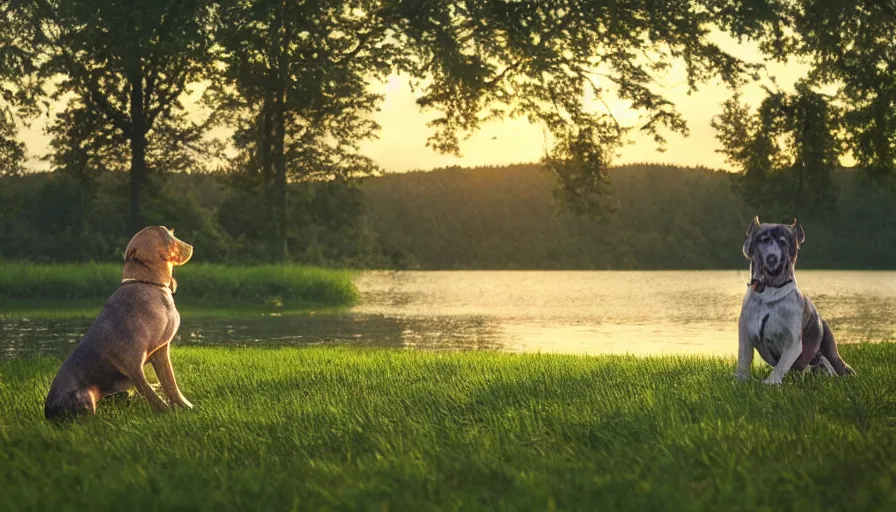 Prompt: dog sitting on grass watching sunset on the lake, german forest, hyperdetailed, artstation, cgsociety, 8 k