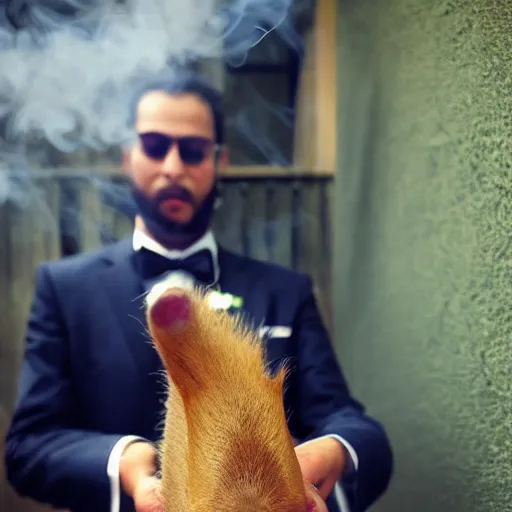 Image similar to smoking cigar, a man wearing a suit capybara head (smoking cigar)