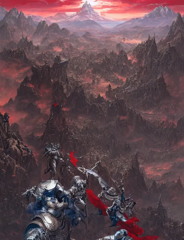 Image similar to wide angle shot from above of silver ornate armor slim handsome mma warriors in battle!!! mountains and giant gothic abbeys in the background, fine detail, 8 k, high contrast color scheme, blue at the background red at the foreground!!!, dynamic perspective, painted movie poster by greg rutkowski and peter mohrbacher