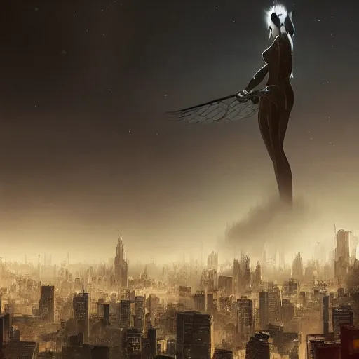 Image similar to the angel of death looming over a dormant city in the night, cityscape, thrilling, trending on artstation