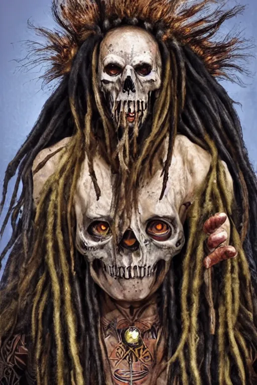 Image similar to a photorealistic of horror shaman with dreadlocks in sacrament of death and destruction