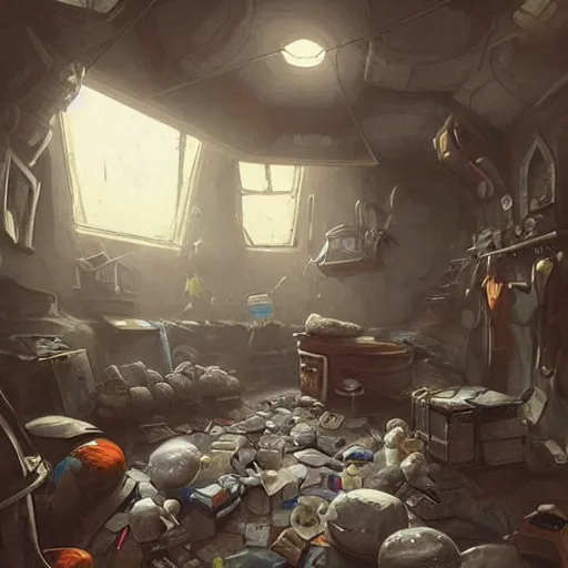 Image similar to detailed room in the sewer lair The room is a clutter if clothes and a bunkbed with space posters everywhere,soft,light,bright,epic,awesome,digital art, by Simon beak and Greg rutkowski