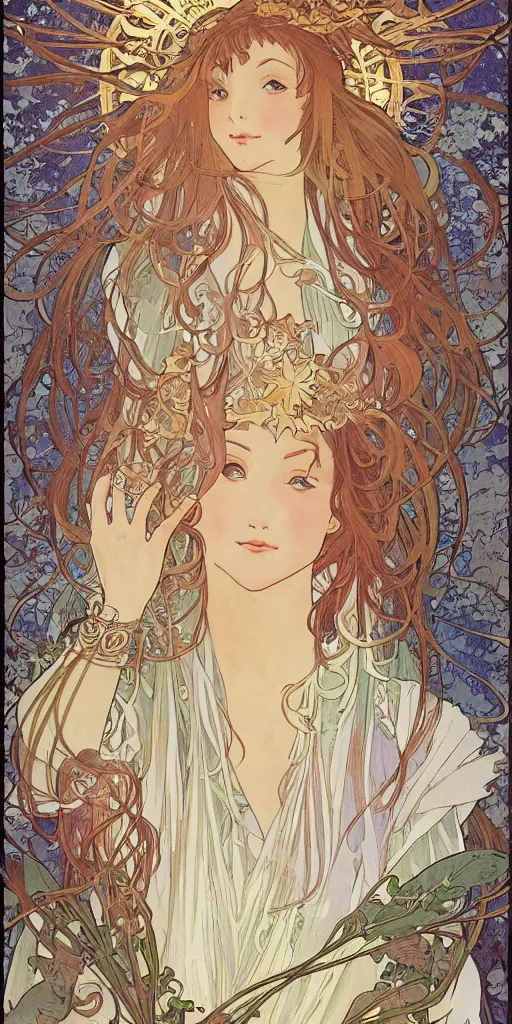 Image similar to Ethereal elven goddess of autumn leaves and first snow. Manga artbook illustration by CLAMP and Alphonse Mucha.