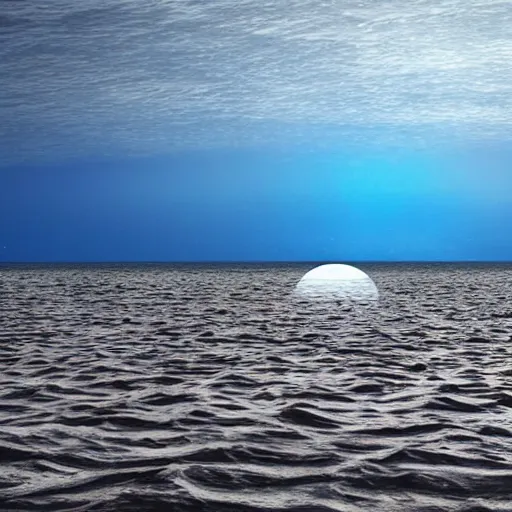 Image similar to a photo of a peaceful serene place, it's on an alien world. i am. looking at the ocean. the ocean seems to sparkle like diamonds. i can see a large blue planet floating in the horizon. hyperrealism