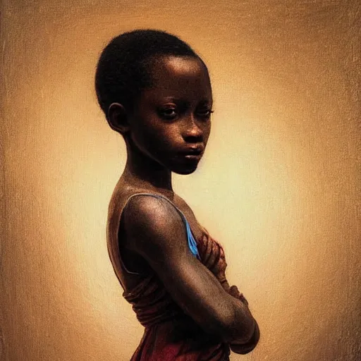 Image similar to a painting of a African girl by Leonardo da Vinci . dramatic angle, ethereal lights, details, smooth, sharp focus, illustration, realistic, cinematic, artstation, award winning, rgb , unreal engine, octane render, cinematic light, macro, depth of field, blur, red light and clouds from the back, highly detailed epic cinematic concept art CG render made in Maya, Blender and Photoshop, octane render, excellent composition, dynamic dramatic cinematic lighting, aesthetic, very inspirational, arthouse.