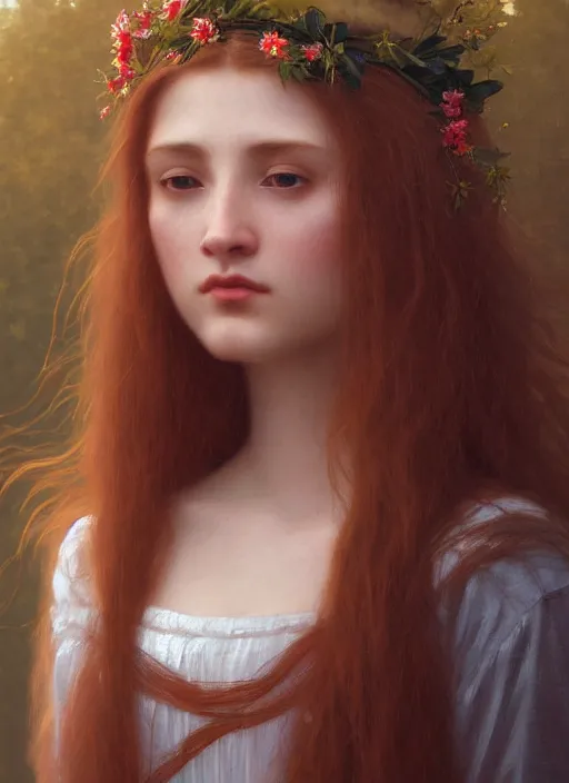 Image similar to oil painting close up portrait of a beautiful young woman with long flowing straight red hair, wearing a crown of wildflowers!! at sunset, hazy, digital art, chiaroscuro, artstation, cinematic, golden hour, digital art painting by greg rutkowski, william - adolphe bouguereau, hazy atmosphere, cinematic lighting