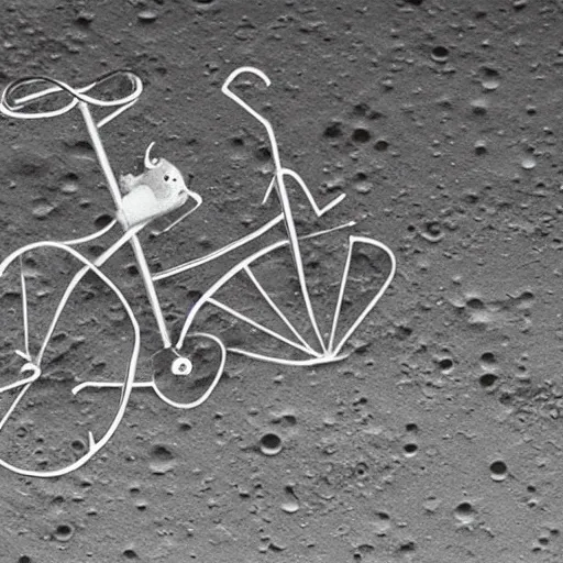 Image similar to a stainless steel bike, with swiss cheese wheels, there is a rat cycling on the surface of the moon and, photorealistic