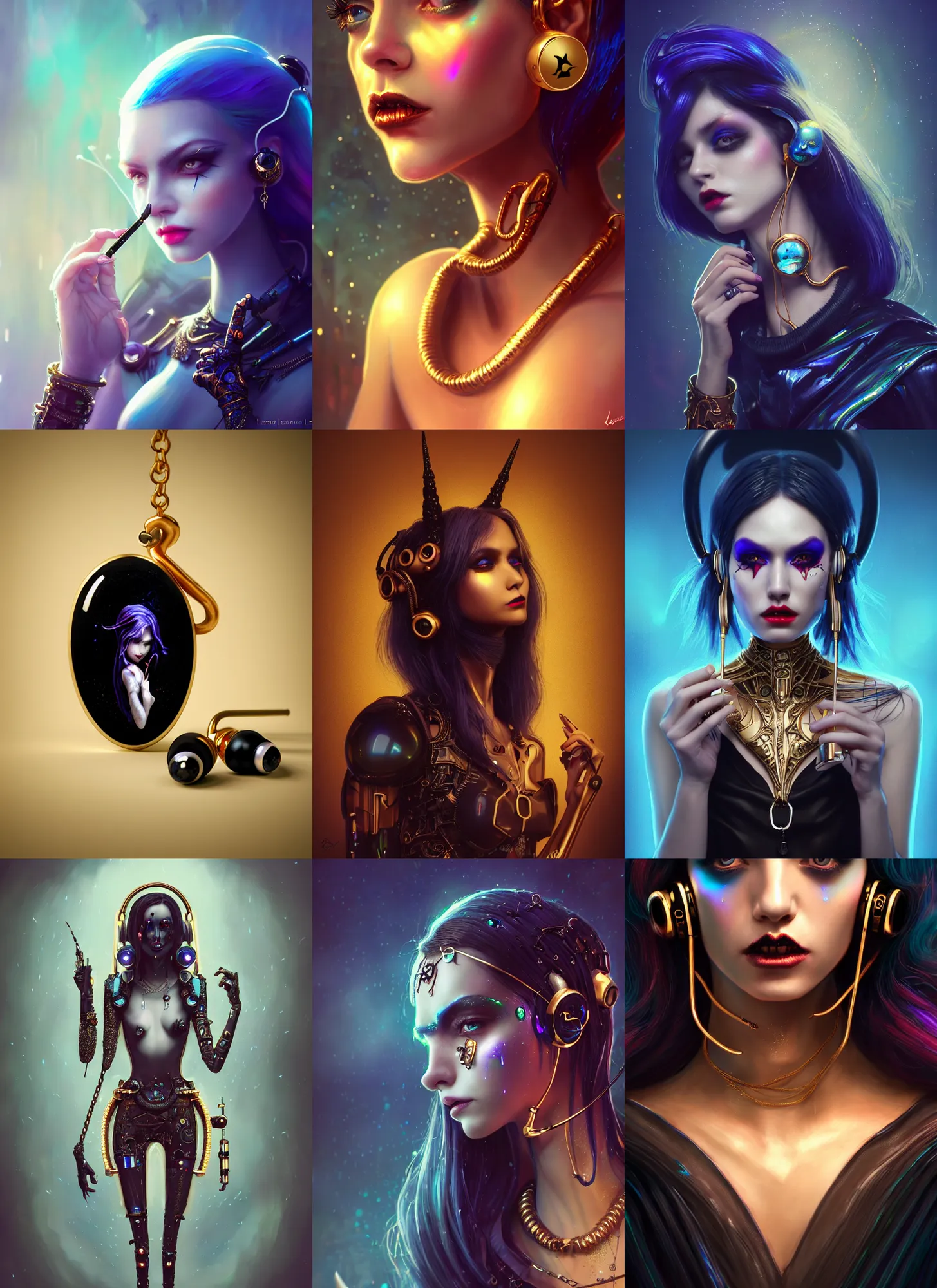 Prompt: disney 8 k photo, beautiful shiny porcelain obsidian rich grand alluring iridescent royal emo edc devil clowncore cyborg college woman, earbuds jewelry, golden ratio details, sci fi, fantasy, cyberpunk, intricate, decadent, highly detailed, digital painting, octane render, artstation, concept art, smooth, sharp focus, illustration, art by loish, wlop