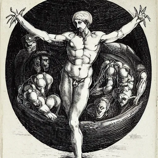 Prompt: an etching of cocytus, inside the inferno the ninth and lowest circle of the underworld, lucifer visible imprisoned inside vengeful plots to escape, by michelangelo, from dante's divine comedy