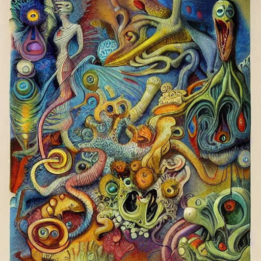 Prompt: whimsical monsters repressed in the depths of the unconcscious, surreal oil painting by Ronny Khalil and Kandinsky, drawn by Ernst Haeckel, as an offering to Zeus