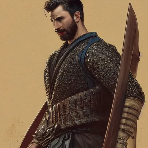 Image similar to full figure ultra realistic illustration, chris evans as samurai, intricate, elegant, highly detailed, digital painting, artstation, concept art, smooth, sharp focus, illustration, art by artgerm and greg rutkowski and alphonse mucha