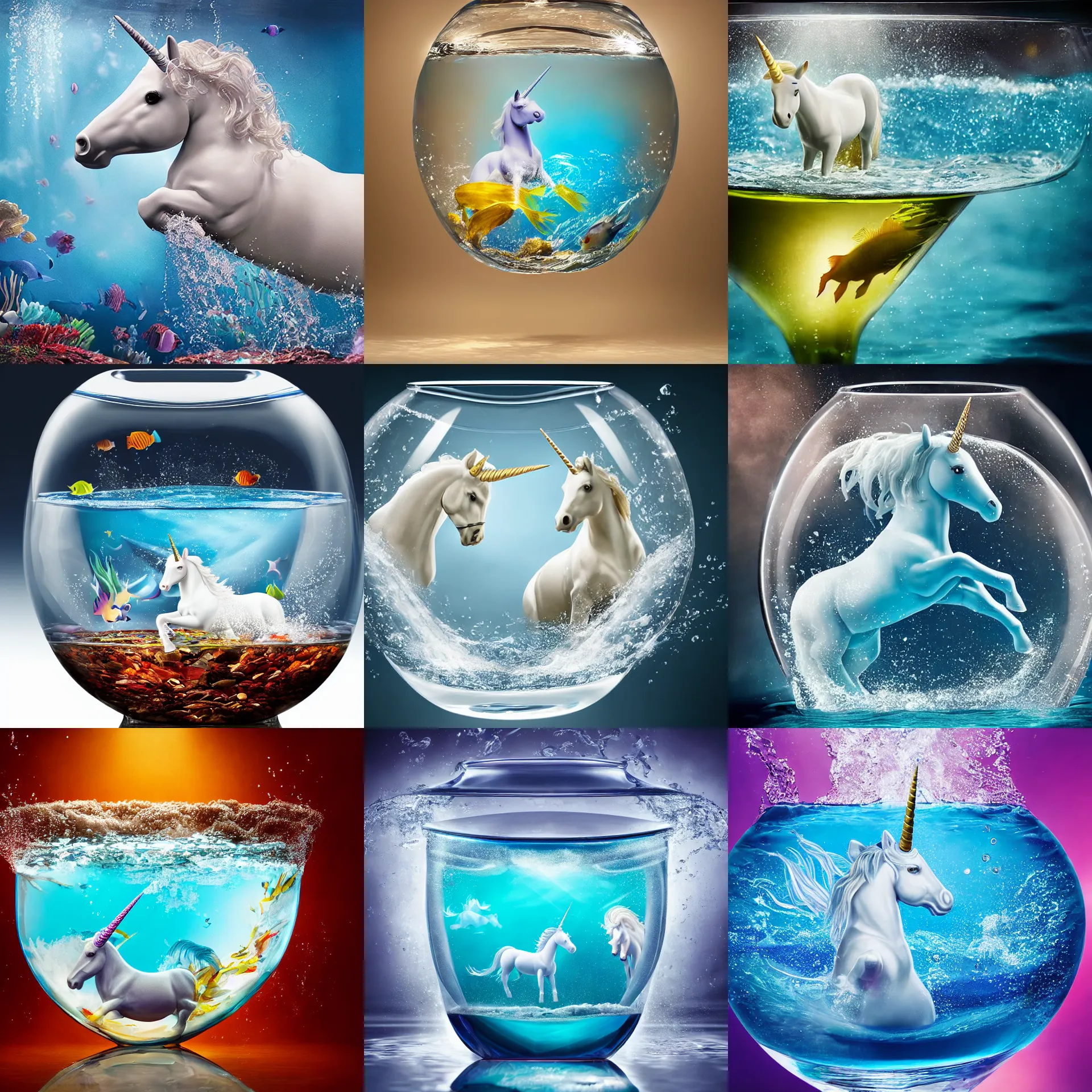 Prompt: product photograph of a small unicorn swimming under water inside a fishbowl, hyperrealistic, highly detailed, dramatic lighting, close up