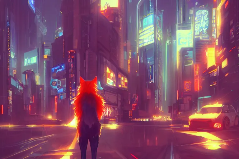 Image similar to an anthropomorphic fox in a cyberpunk city, trending on pixiv, by kawacy, neon backlighting, furry art