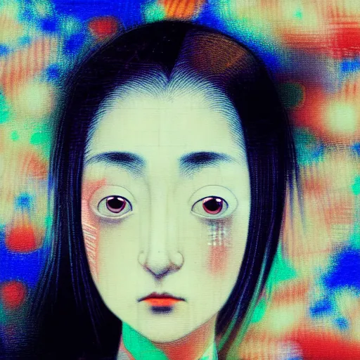 Image similar to yoshitaka amano blurred and dreamy realistic three quarter angle portrait of a young woman with short hair and black eyes wearing office suit with tie, junji ito abstract patterns in the background, satoshi kon anime, noisy film grain effect, highly detailed, renaissance oil painting, weird portrait angle, blurred lost edges