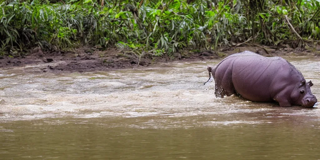 Image similar to a single hippo in a river in the jungle. the hippo has large wings. extremely high fidelity, natural lighting