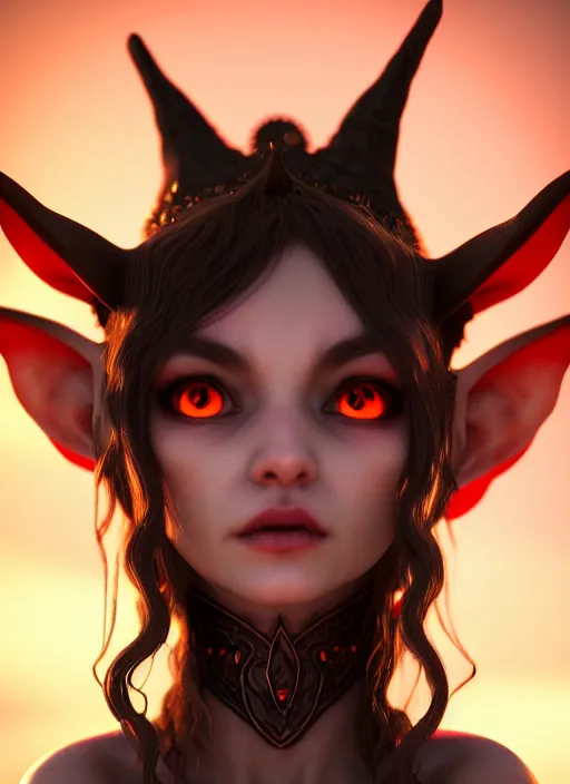 Image similar to imp demon goddess, cute elf ears, strapless dress, character portrait in the style of thomas river and artgerm, cinematic lighting, hyperdetailed, 8 k realistic, symmetrical, global illumination, radiant light,, frostbite 3 engine, cryengine, dof, trending on artstation, digital art, chanel