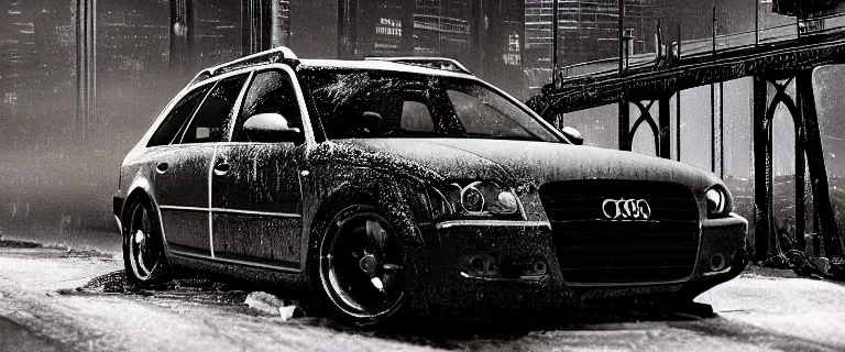 Prompt: Audi A4 B6 Avant (2002), a gritty neo-noir, dramatic lighting, cinematic, eerie person, death, homicide, homicide in the snow, viscera splattered, gunshots, bullet holes, establishing shot, extremely high detail, cracked windows, photorealistic, arson, burning city, cinematic lighting, artstation, by simon stalenhag, Max Payne (PC) (2001) winter New York at night, In the style of Max Payne 1 graphic novel, flashing lights, Poets of the Fall - Late Goodbye