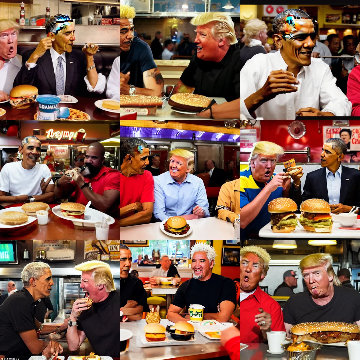 Prompt: barack obama and guy fieri eating hamburgers in a diner while out of focus trump stands in the background crying