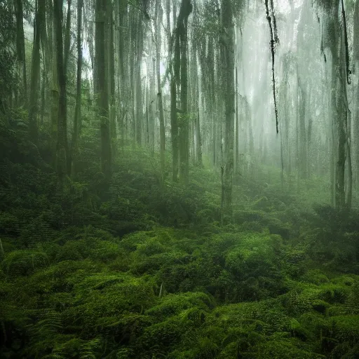 Image similar to a cinematographic wide shot of a lush and dense forest with anthropogenic moss, vines and ferns, dusk light filtering from the trees below. The scene is apocalyptic, eerie but serene, volumetric, 8k, high resolution