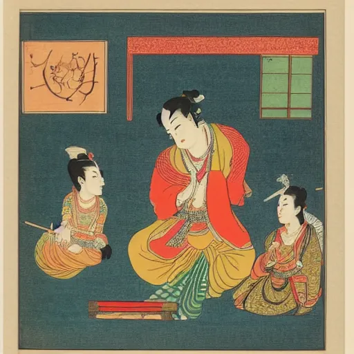 Prompt: late meiji period, colored woodblock print, krishna