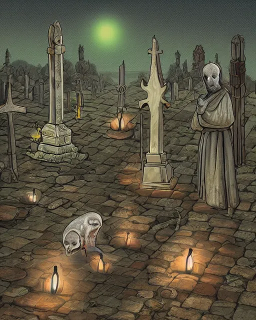 Image similar to monk possums at a medieval cemetery at night, highly detailed, digital art, isometric