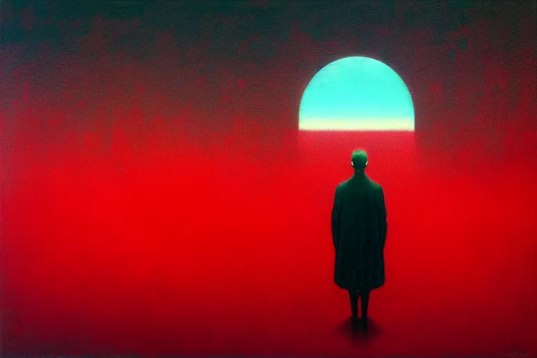 Image similar to only with red, red gif of death eat apple, a futuristic city in the background, an ancient path, in the style of beksinski, part by hopper, part by rodcenko, part by hofbauer, intricate composition, red by caravaggio, insanely quality, highly detailed, masterpiece, red light, artstation, 8 k