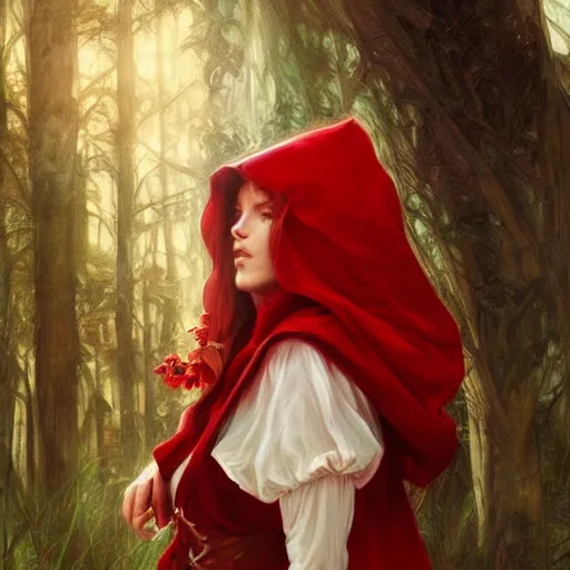 Prompt: Beautiful face Portrait of Little Red Riding Hood with a white panther, intricate, wild, highly detailed, digital painting, artstation, concept art, smooth, sharp focus, illustration, art by artgerm and greg rutkowski and alphonse mucha, footage from space camera