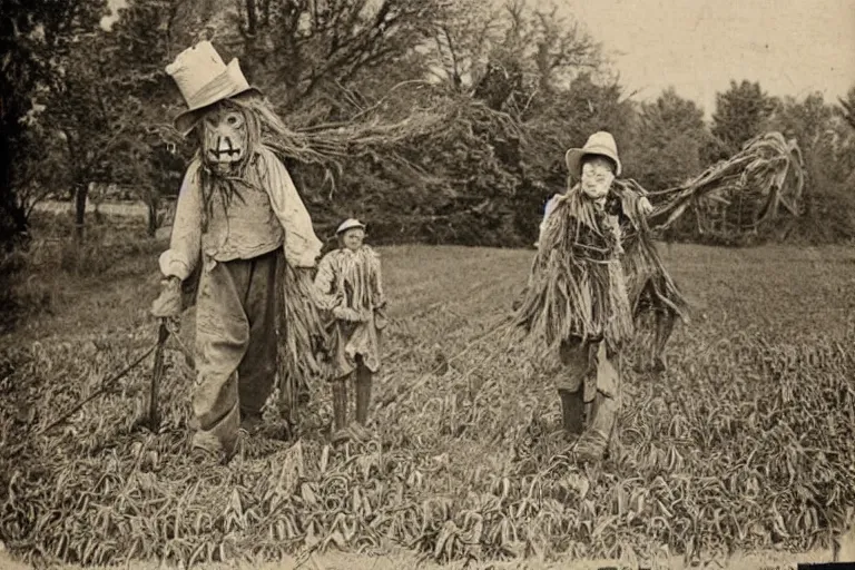 Image similar to sketchy scarecrow from the early 1 9 0 0's leading children into the cornfields