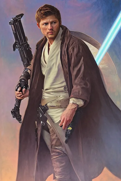 Image similar to a detailed matte portrait of jensen ackles dressed as has solo and misha collins as luke skywalker, masterpiece, 8 k, art by alphonse mucha and greg rutkowski