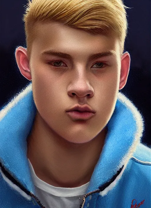 Image similar to portrait of high school senior boy named big moose, blonde short hair, jock, beefy, wide face, square jaw, square facial structure, blue varsity jacket with his name, intricate, elegant, glowing lights, highly detailed, digital painting, artstation, concept art, sharp focus, illustration, art by wlop, mars ravelo and greg rutkowski