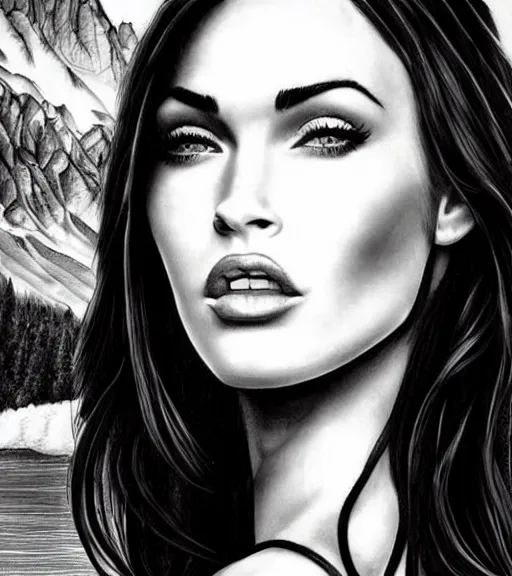Image similar to tattoo design sketch of megan fox portrait against a background of beautiful mountains and nature, hyper - realistic, in the style of den yakovlev, amazing detail, black and white