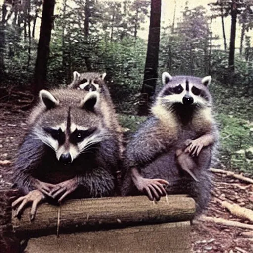 Image similar to raccoons on a camping trip, 1 9 8 0 s photo