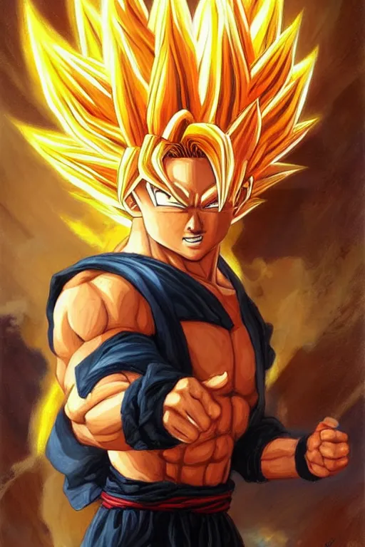 Image similar to portrait of simu liu as super saiyan goku. art by gaston bussiere.