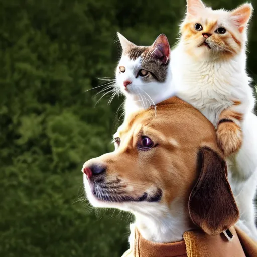 Prompt: a cat riding on a dog's back, hd photograph.