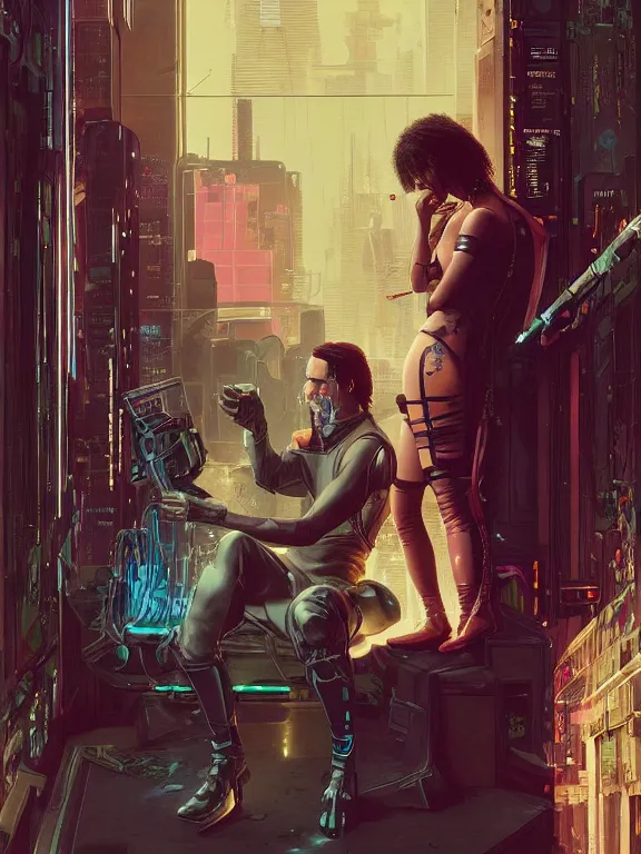 Prompt: a cyberpunk 2077 couple portrait of Keanu Reeves and V in love story,film lighting,by laurie greasley,Lawrence Alma-Tadema,William Morris,Dan Mumford,trending on atrstation,full of color,Digital painting,face enhance,highly detailed,8K, octane,golden ratio,cinematic lighting