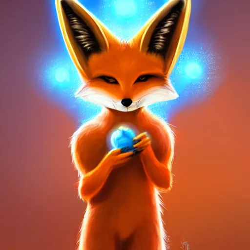 Prompt: furaffinity furry art of an anthro fennec character holding fireballs and wearing a blue sweatshirt, digital painting, detailed, cute, big intelligent eyes