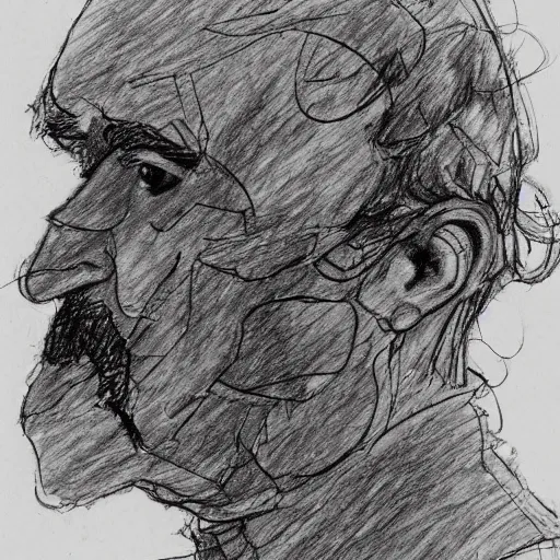 Prompt: a realistic yet scraggly portrait sketch of the side profile of a stern and sophisticated wojak, trending on artstation, intricate details, in the style of frank auerbach, in the style of sergio aragones, in the style of martin ansin, in the style of david aja, in the style of mattias adolfsson