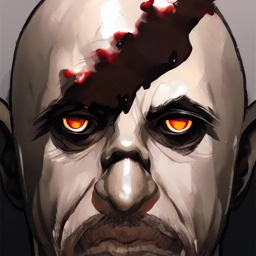 Image similar to bald man with large solid black eyes, black blood dripping from eyes, portrait, behance hd artstation, style of jesper ejsing