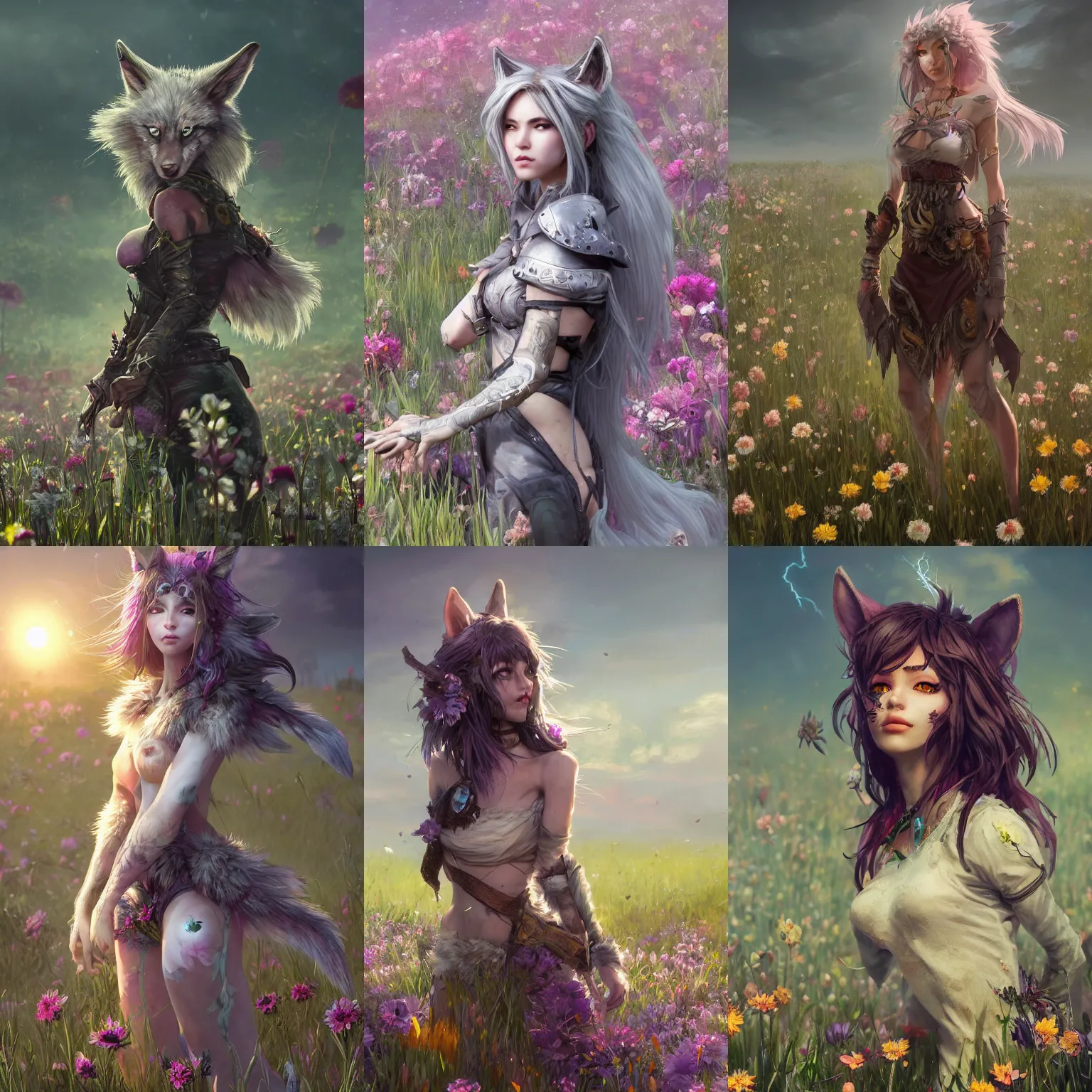 Prompt: A high fantasy wolf girl standing in the middle of the field of flowers, by Eddie Mendoza, face close up, official media, beautiful, detailed, high quality, wallpaper 4K, epic, trending on artstation and behance, dynamic lightning