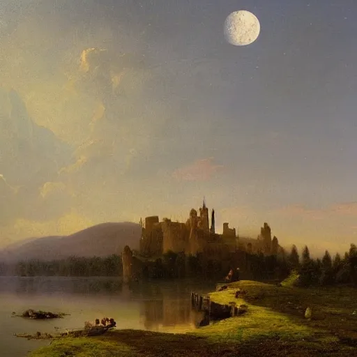 Prompt: an exceptional oil landscape painting of a medieval castle on a beautiful landscape with lake, forest, jagged mountains in the distance, the moon is ultra high resolution in the sky, high resolution albert bierstadt