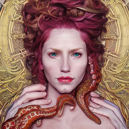 Image similar to portrait painting of octowoman, half woman, half octopus, ultra realistic, concept art, intricate details, extremely detailed, photorealistic, octane render, unreal engine. art by artgerm and dan mumford and alphonse mucha and studio ghibli, mixed media, 8 k