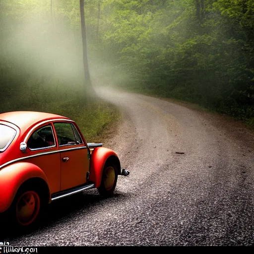 Image similar to promotional scifi - mystery movie scene of a ( volkswagen beatle ) and ladybug hybrid that's more ladybug. racing down a dusty back - road in smokey mountains tennessee. cinematic, 4 k, imax, 7 0 mm, hdr