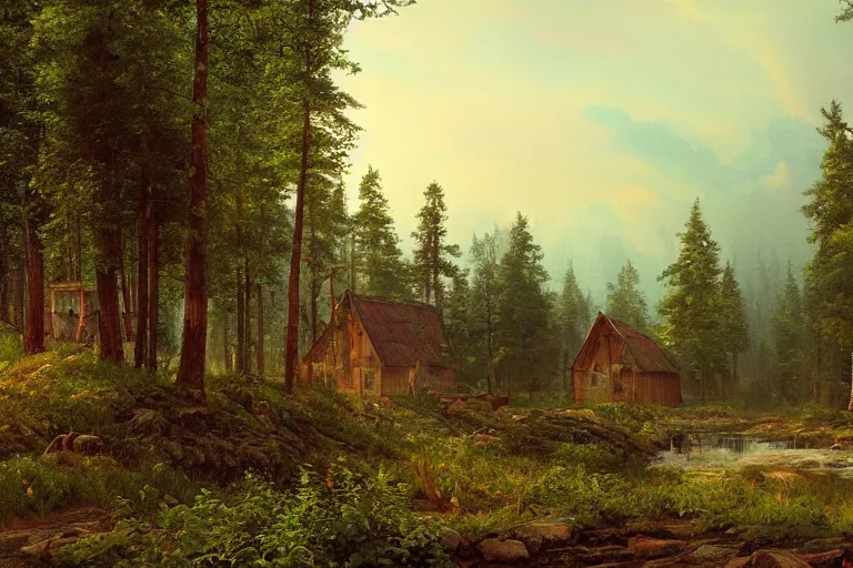 Image similar to A beautiful painting of russian village in dark forest by ivan shishkin and arkhip kuindji, trending on artstation,matte painting