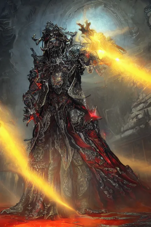 Prompt: Path of Exile, Sirius, clear [bronze] face mask, luminous red eyes, male image with bronze black armor, sitting on the throne, inside the ruined gothic church, black shadows, red lasers, dark red bloody fog, black-grey smoky tornadoes fly around, [[blood]], Anachronism, painting, dark fantasy, steampunk, 4k, perfect quality,