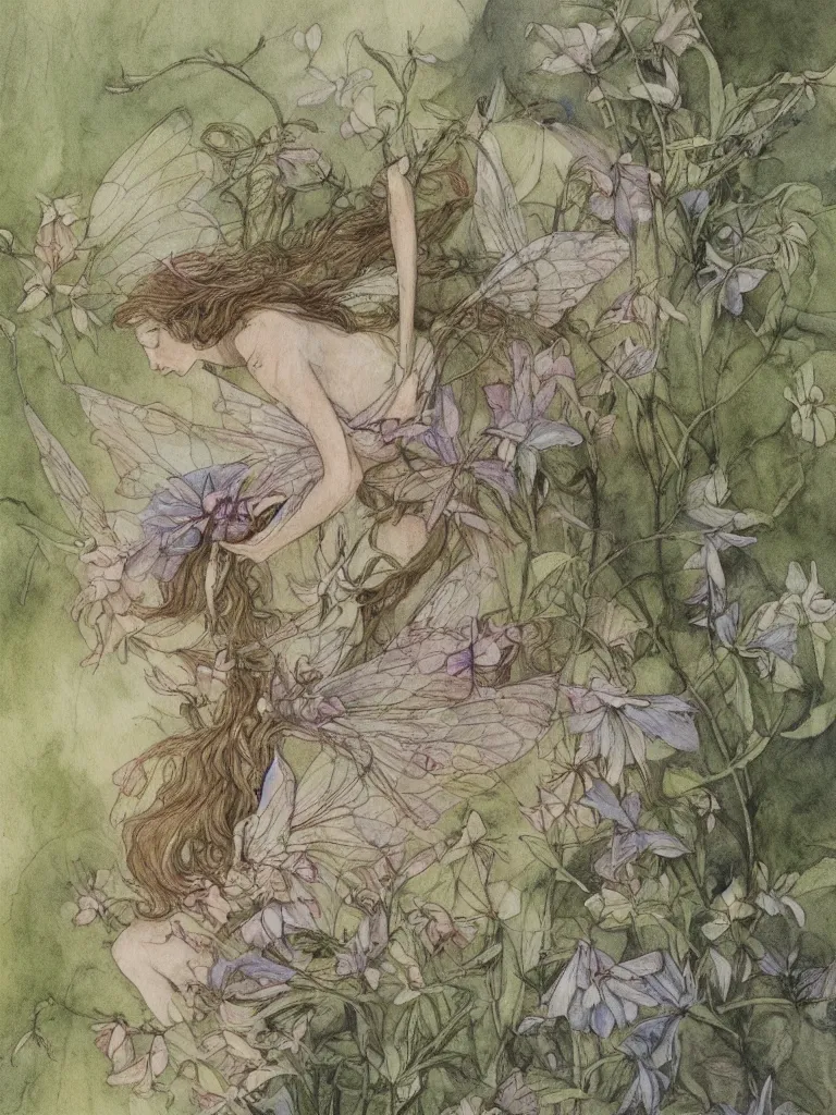 Image similar to annotated study of a flower fairy, illustration, watercolor, alan lee, detailed, pretty, ethereal,