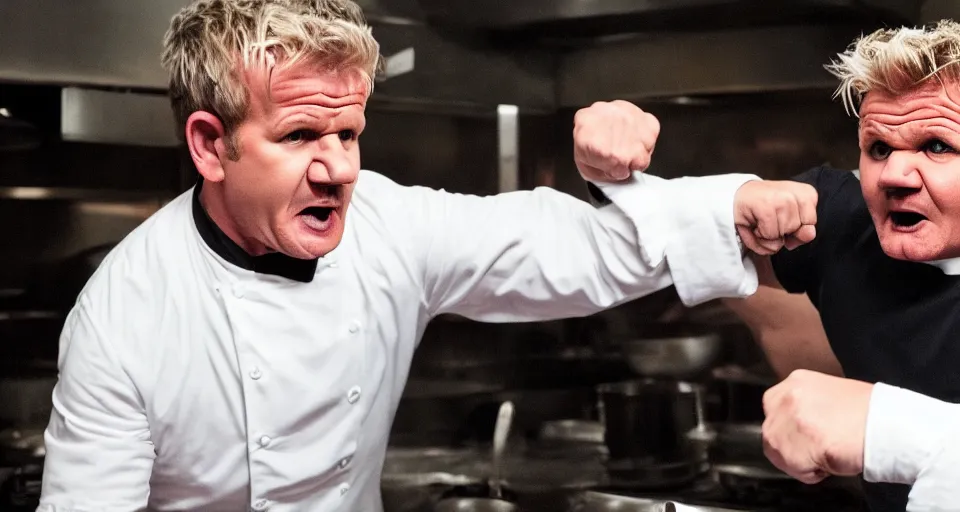 Image similar to photo of angry furious Gordon Ramsay punching Gordon Ramsay at the kitchen