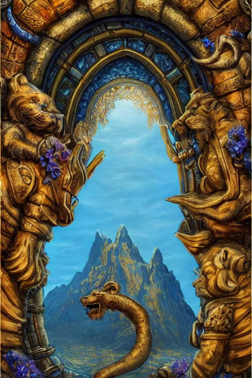 Image similar to A giant medieval fantasy blue energy portal gate with a rusty gold carved lion face at the center of it, the portal takes you to another world, full of colorful flowers on the lost Vibes and mountains in the background, spring, delicate fog, sea breeze rises in the air, by andreas rocha and john howe, and Martin Johnson Heade, featured on artstation, featured on behance, golden ratio, ultrawide angle, f32, well composed, rule of thirds, center spotlight, low angle view